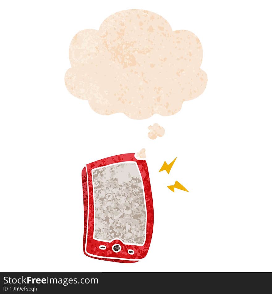 cartoon mobile phone and thought bubble in retro textured style