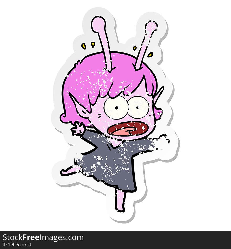 distressed sticker of a cartoon shocked alien girl