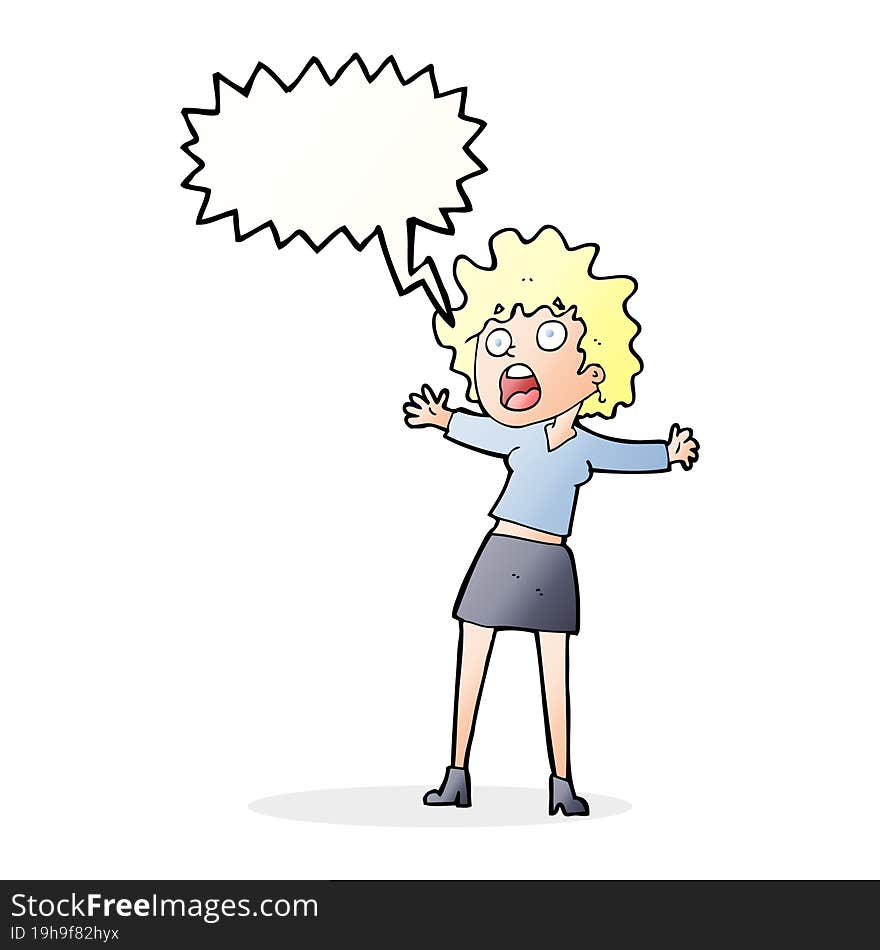 cartoon frightened woman with speech bubble