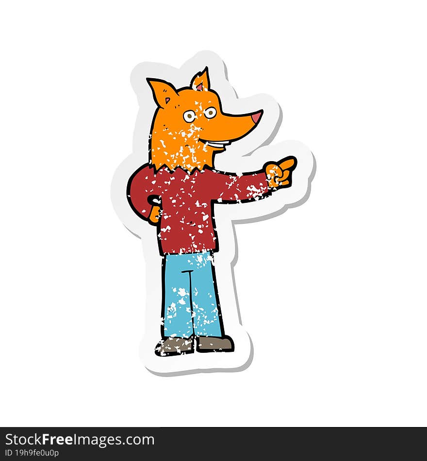 retro distressed sticker of a cartoon fox man pointing