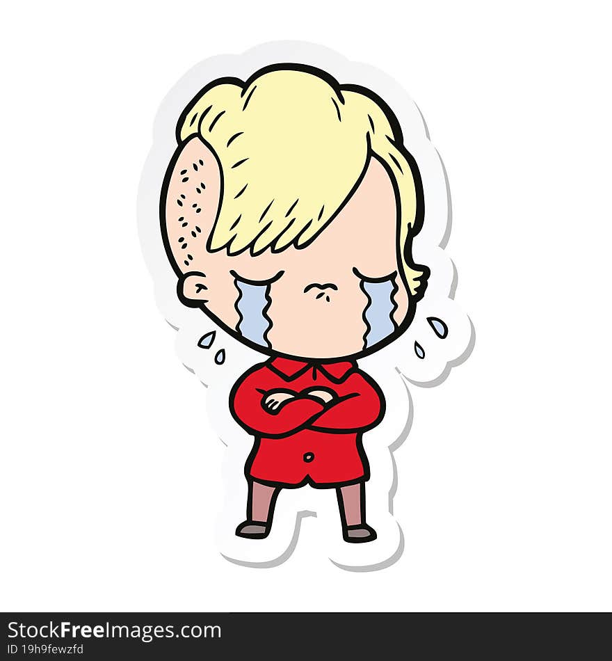 sticker of a cartoon crying girl with crossed arms