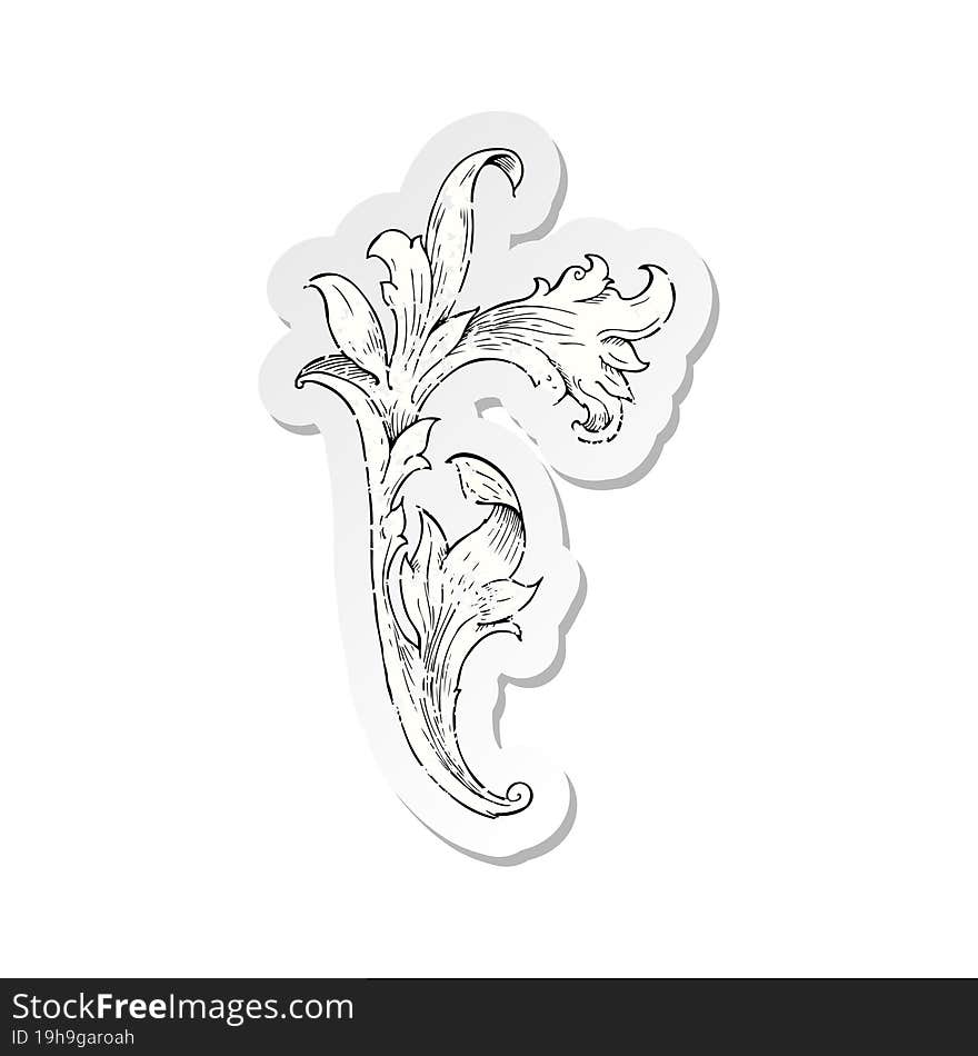 retro distressed sticker of a traditional hand drawn floral swirl