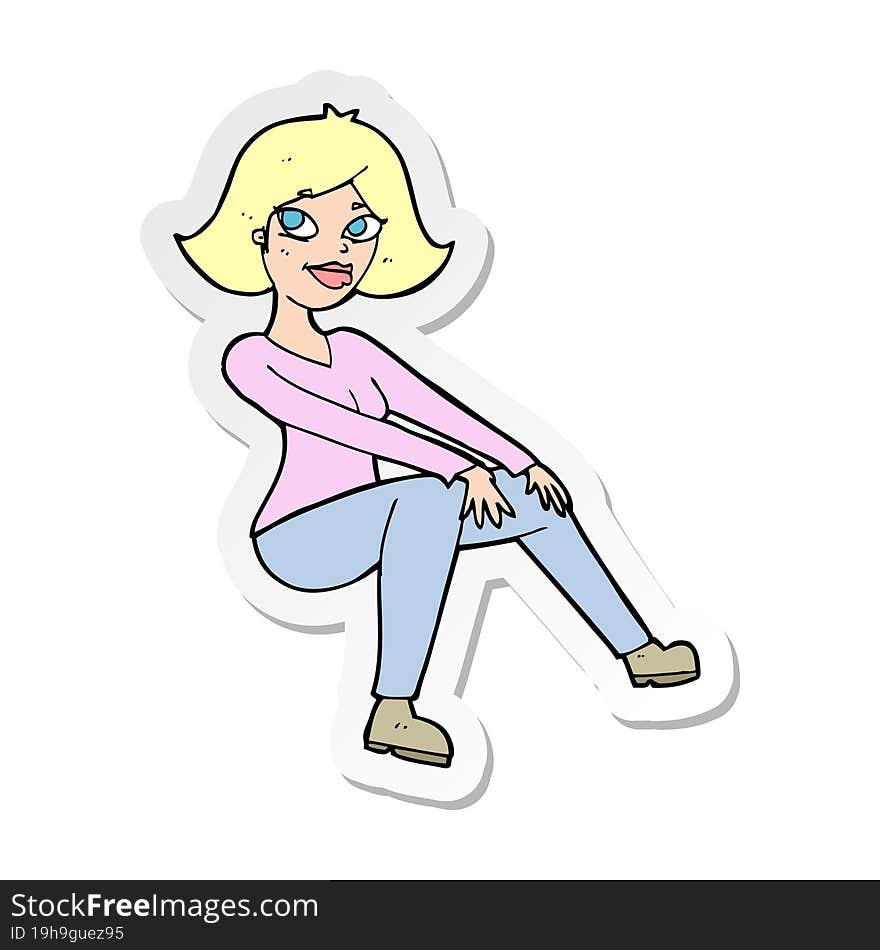 sticker of a cartoon happywoman sitting