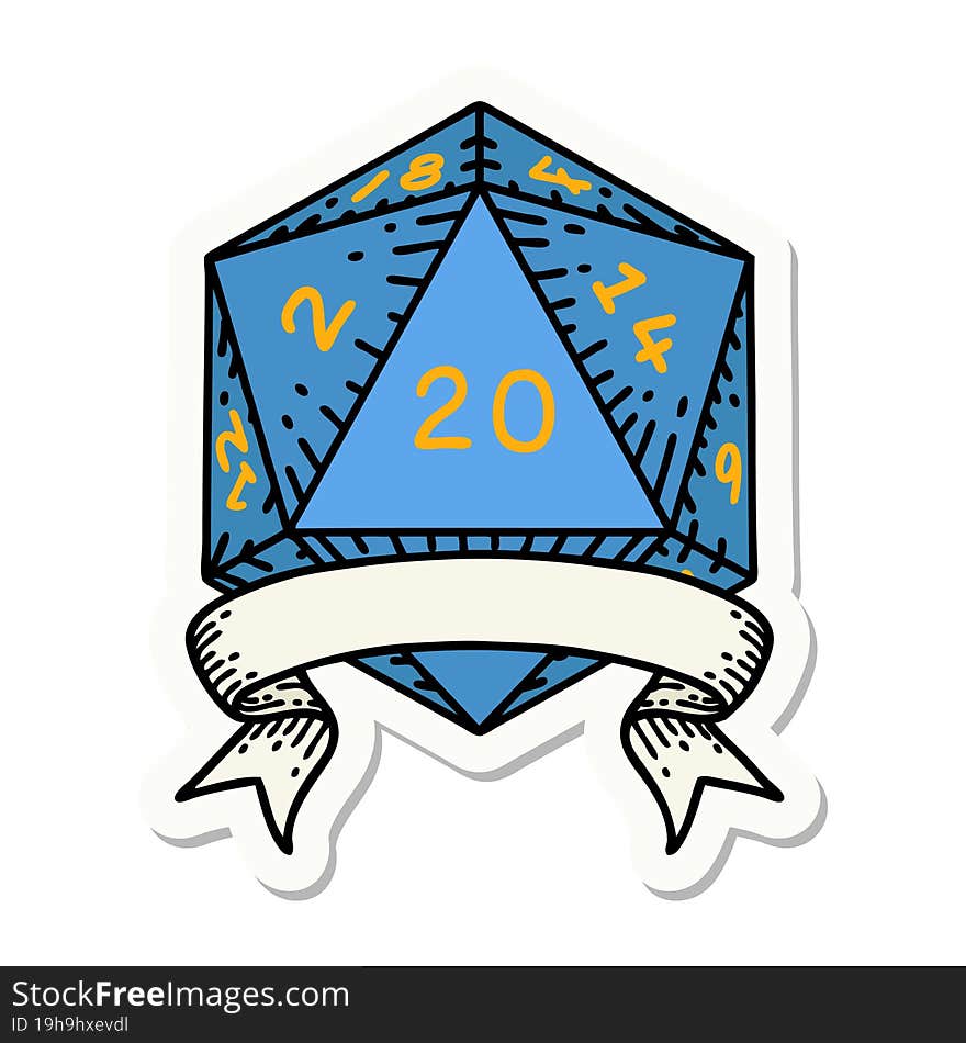 sticker of a natural 20 critical hit D20 dice roll. sticker of a natural 20 critical hit D20 dice roll