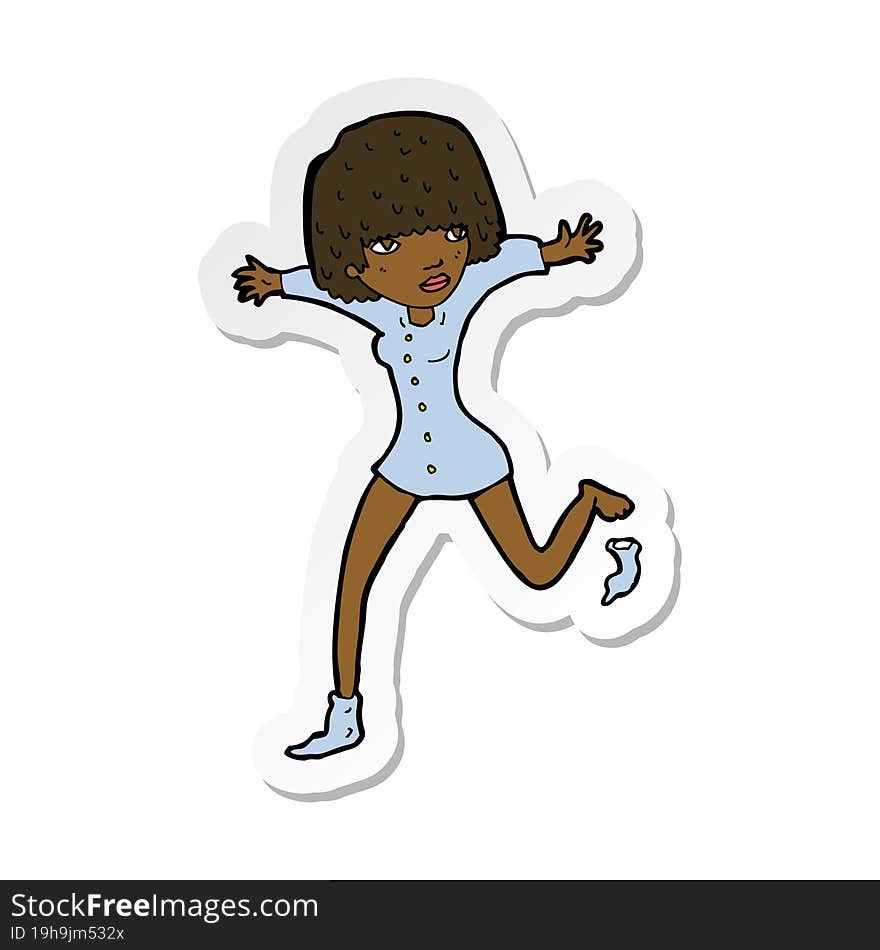 sticker of a cartoon woman kicking off sock