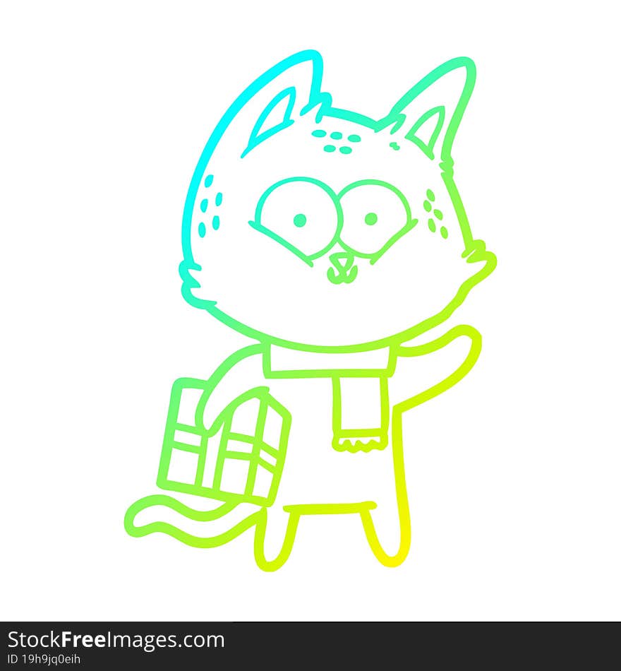 cold gradient line drawing cartoon cat holding christmas present