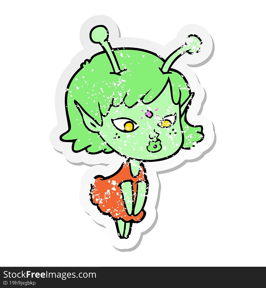 distressed sticker of a pretty cartoon alien girl