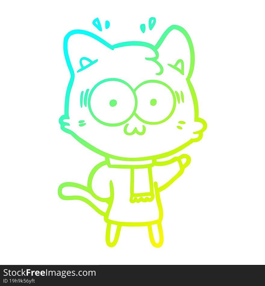 cold gradient line drawing of a cartoon surprised cat wearing cold winter clothes