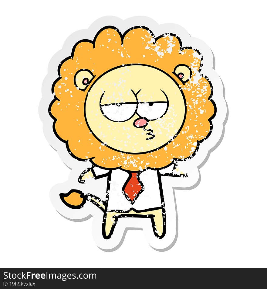 distressed sticker of a cartoon bored lion office worker