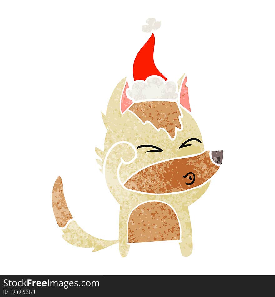 retro cartoon of a wolf pouting wearing santa hat