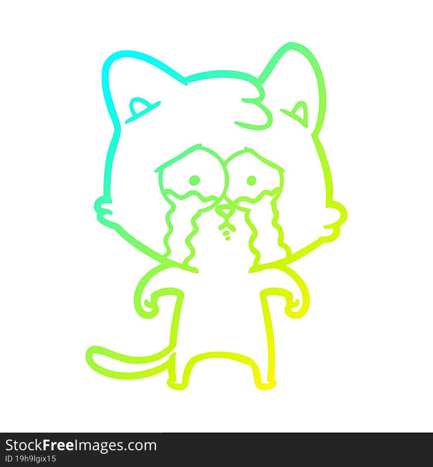 cold gradient line drawing of a cartoon crying cat