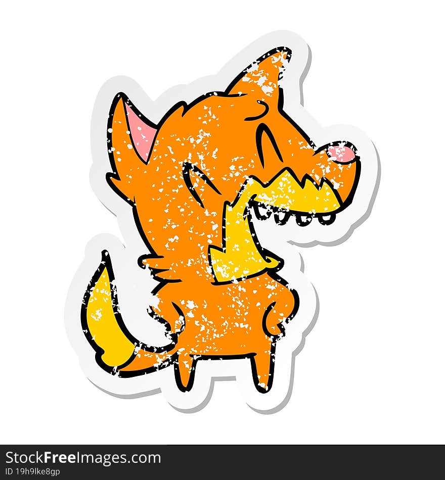 distressed sticker of a laughing fox cartoon