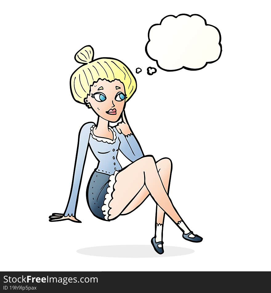 cartoon attractive woman sitting thinking with thought bubble