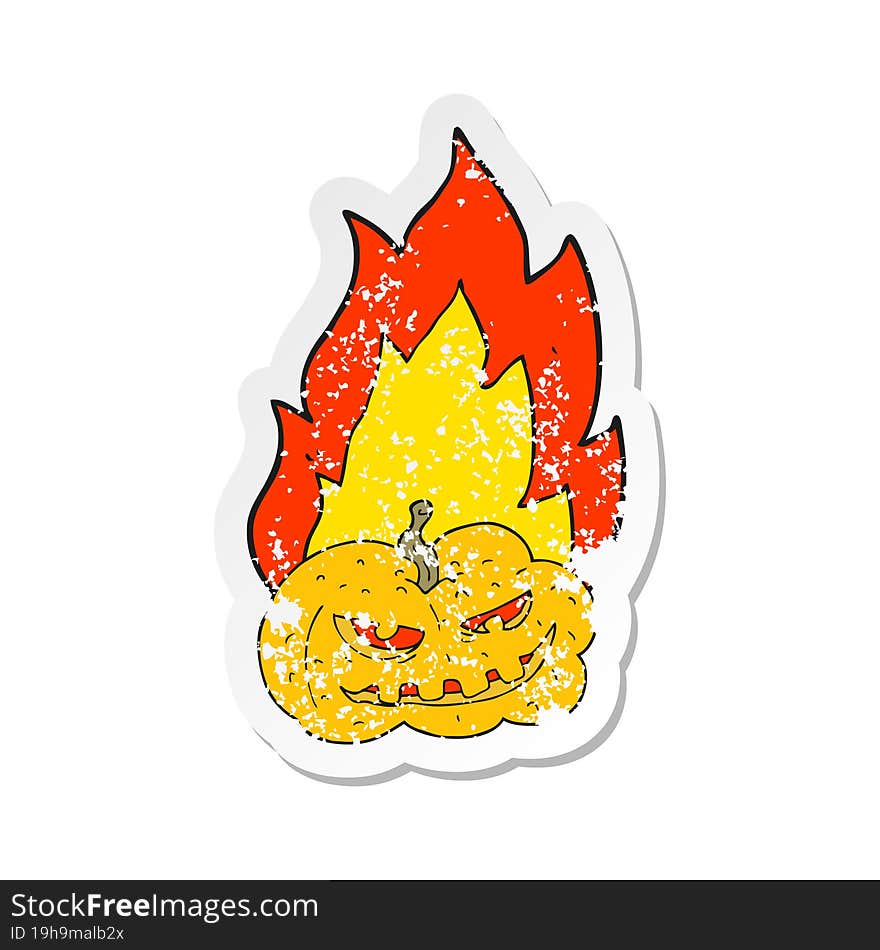 retro distressed sticker of a cartoon flaming halloween pumpkin