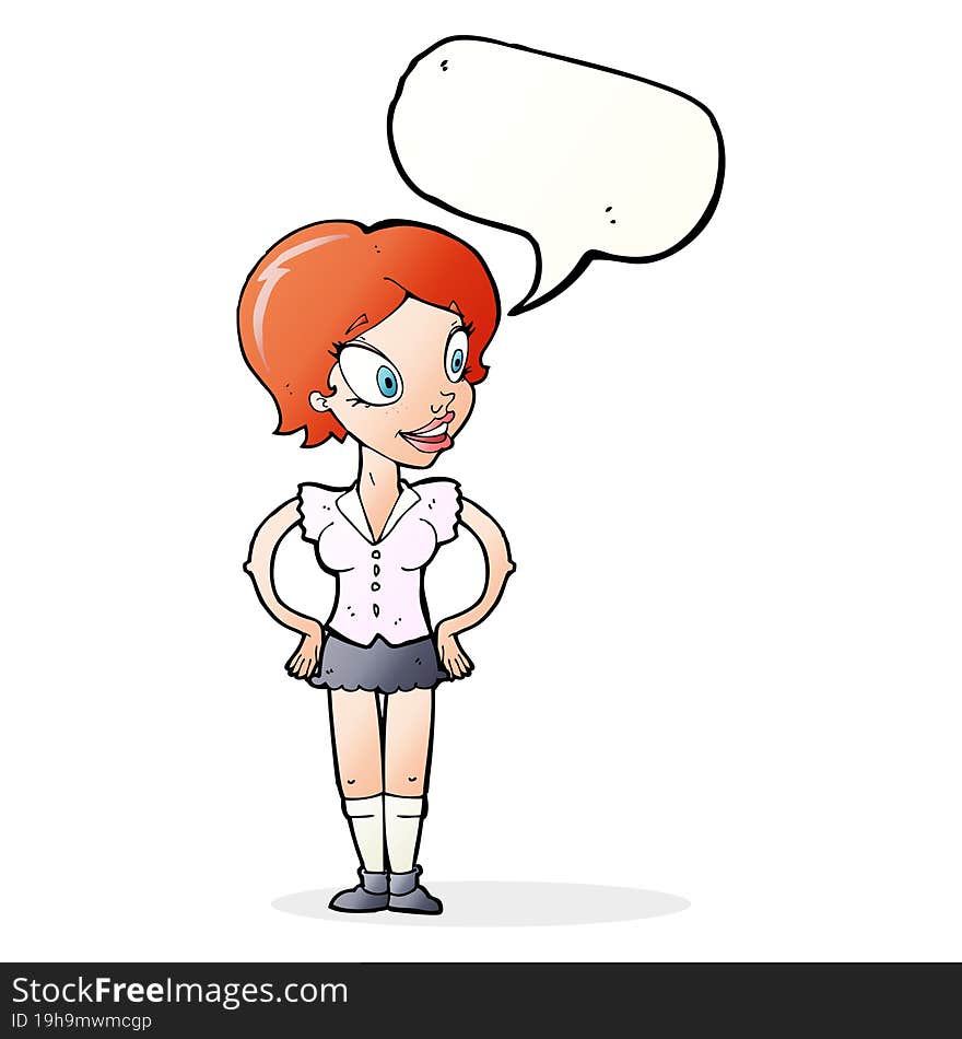 cartoon happy woman in short skirt with speech bubble