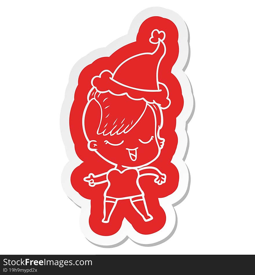 happy cartoon  sticker of a girl wearing santa hat