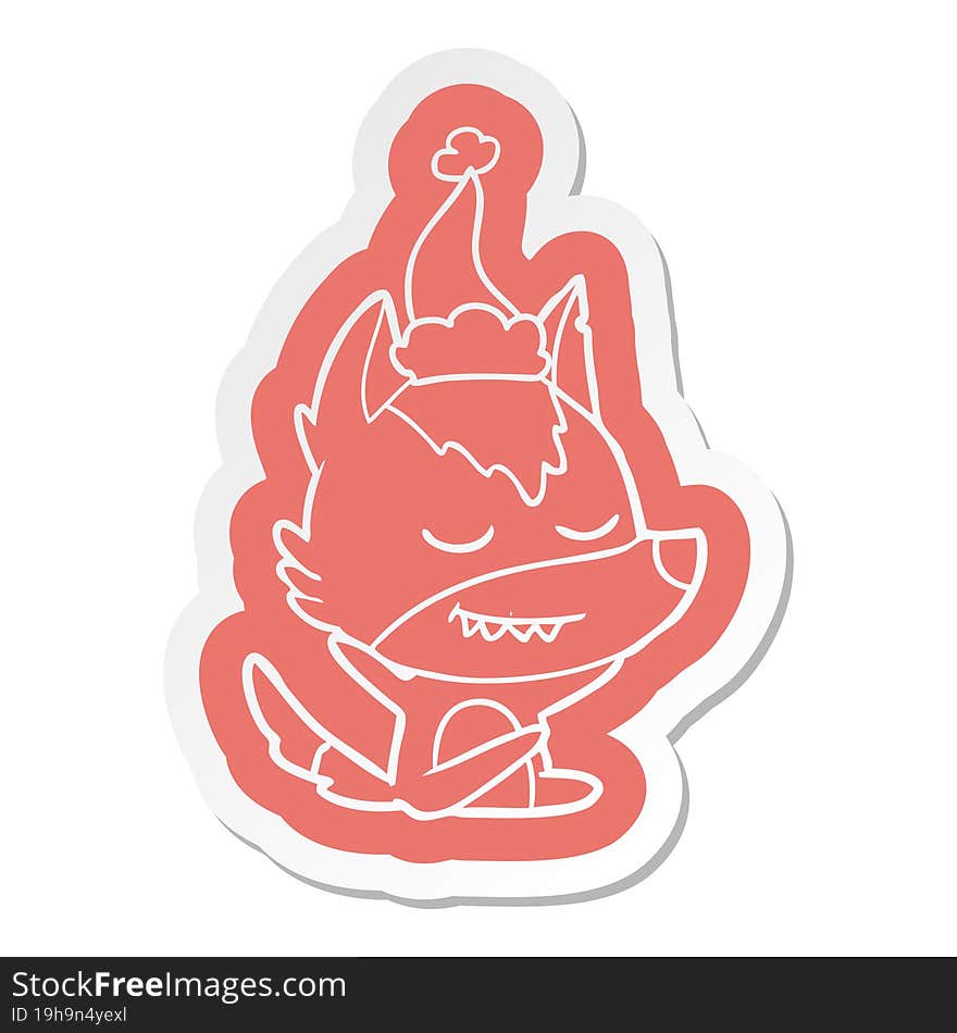 friendly cartoon  sticker of a wolf sitting wearing santa hat