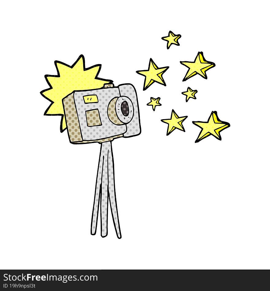 freehand drawn cartoon camera on tripod with flash