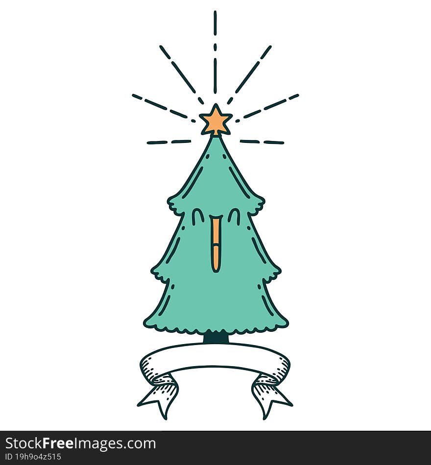 banner with tattoo style christmas tree with star