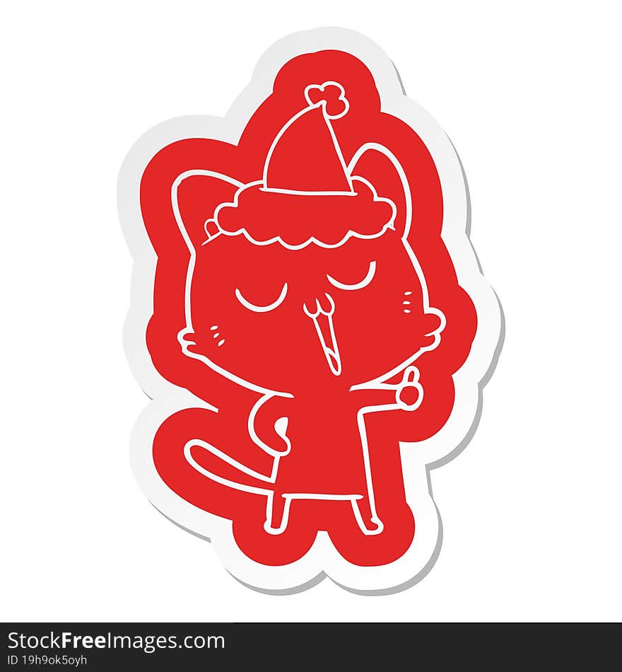 Cartoon  Sticker Of A Cat Singing Wearing Santa Hat