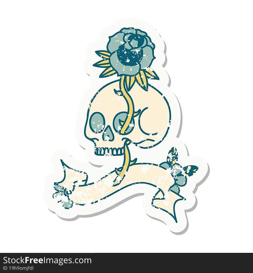 Grunge Sticker With Banner Of A Skull And Rose