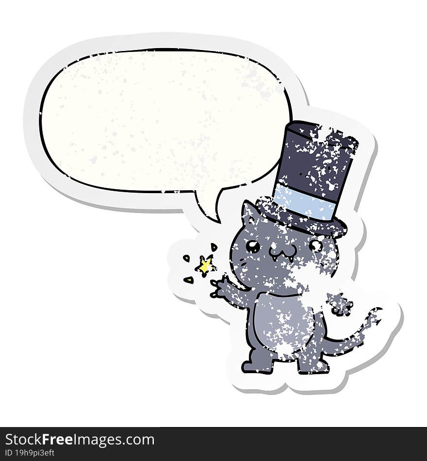 cartoon cat wearing top hat and speech bubble distressed sticker