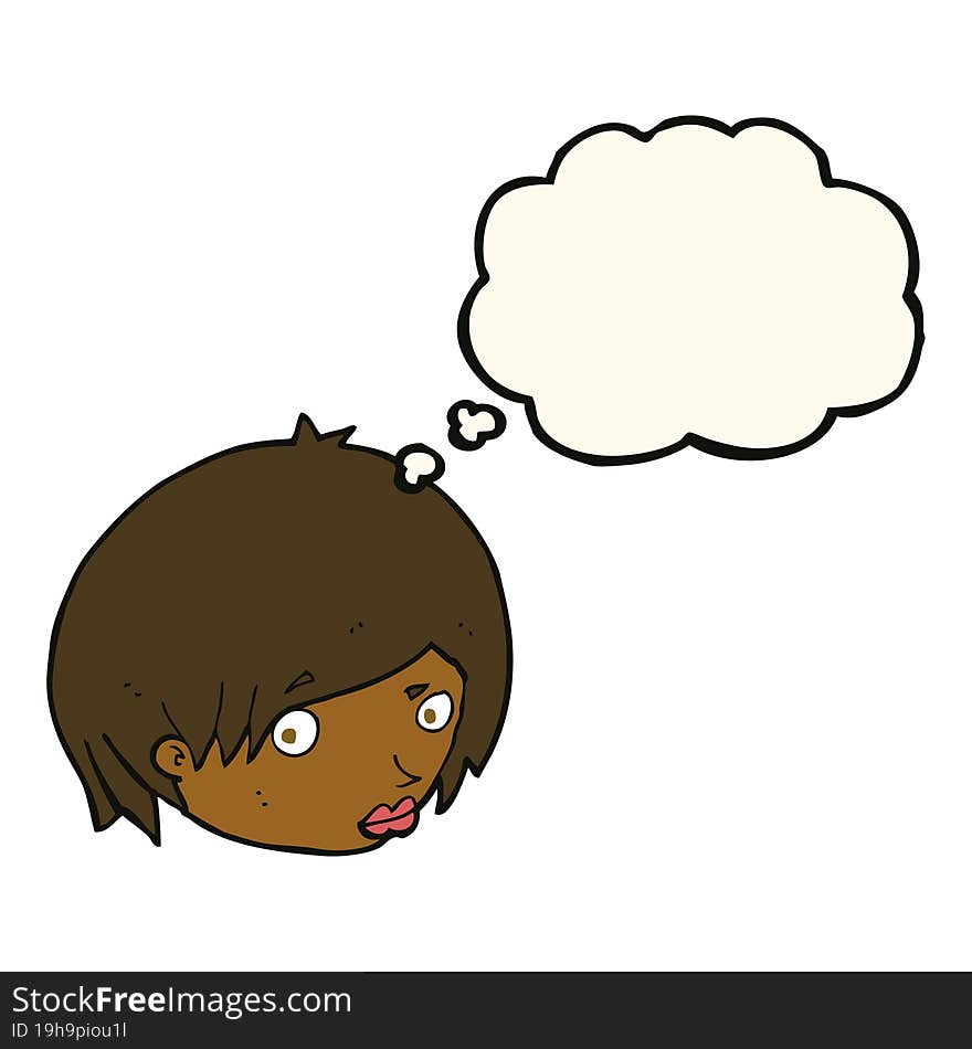 cartoon female face with raised eyebrow with thought bubble