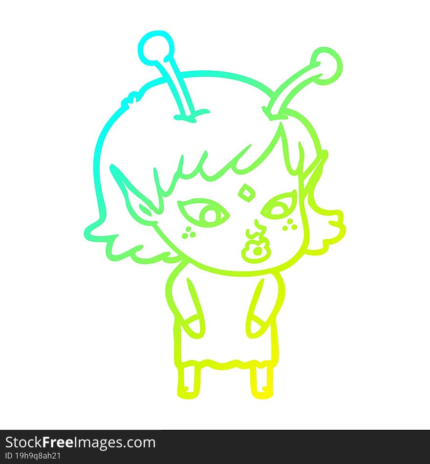 cold gradient line drawing pretty cartoon alien girl