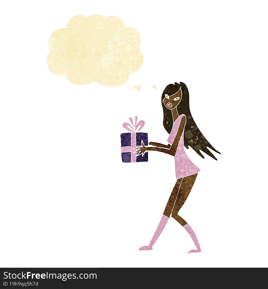 cartoon fashion girl with present with thought bubble