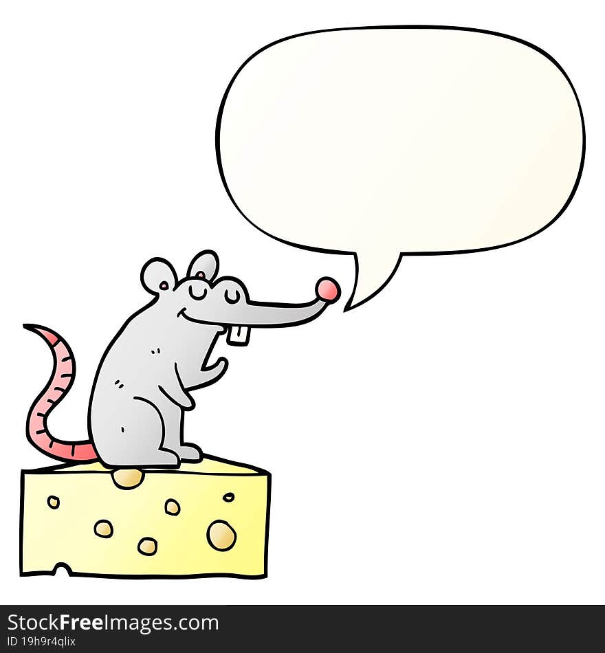 cartoon mouse sitting on cheese and speech bubble in smooth gradient style