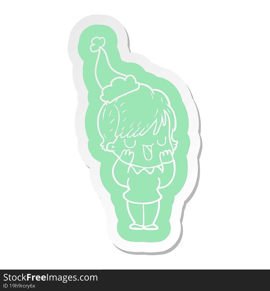 cartoon  sticker of a woman talking wearing santa hat