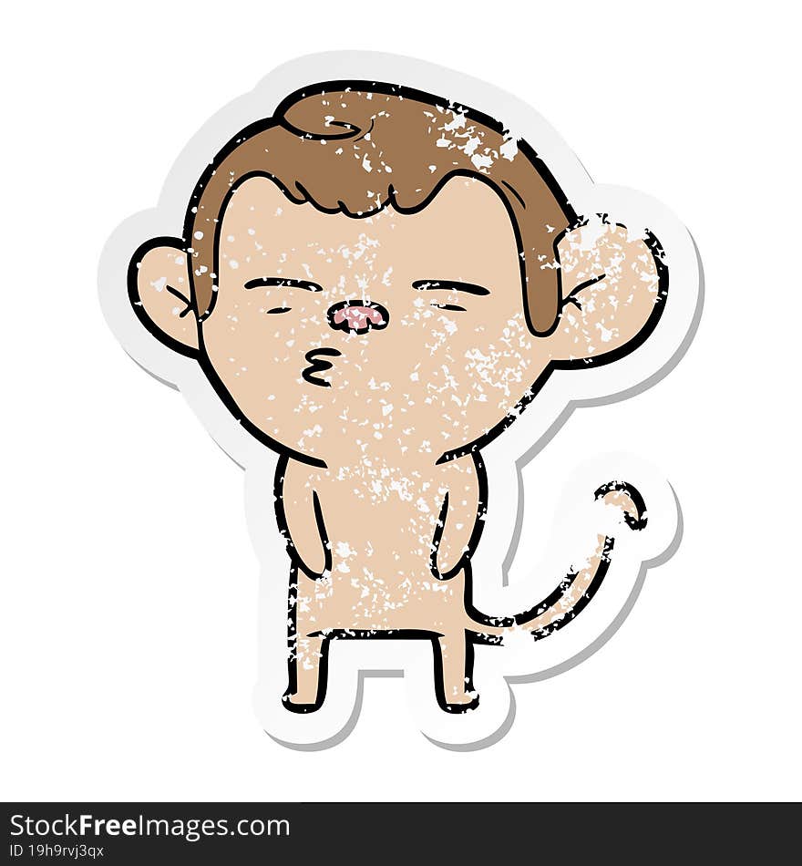 distressed sticker of a cartoon suspicious monkey