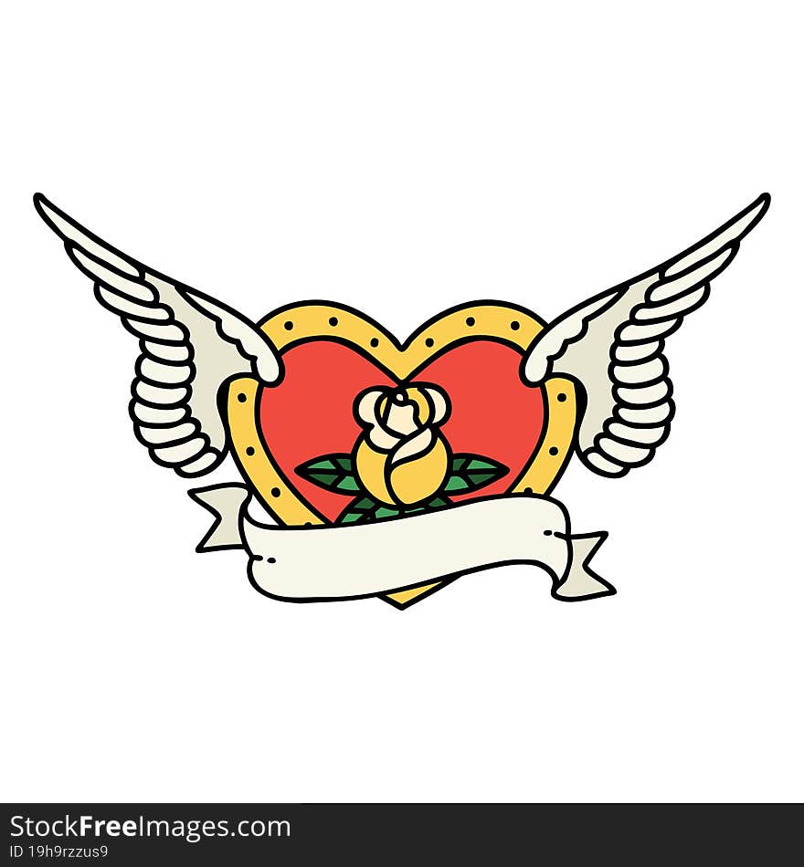 tattoo in traditional style of a flying heart with flowers and banner. tattoo in traditional style of a flying heart with flowers and banner