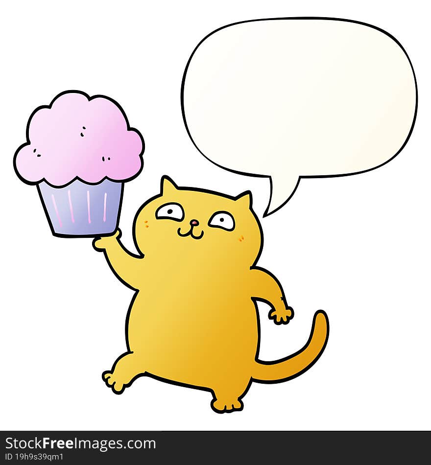 Cartoon Cat And Cupcake And Speech Bubble In Smooth Gradient Style