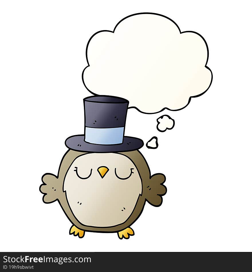 cartoon owl wearing top hat and thought bubble in smooth gradient style