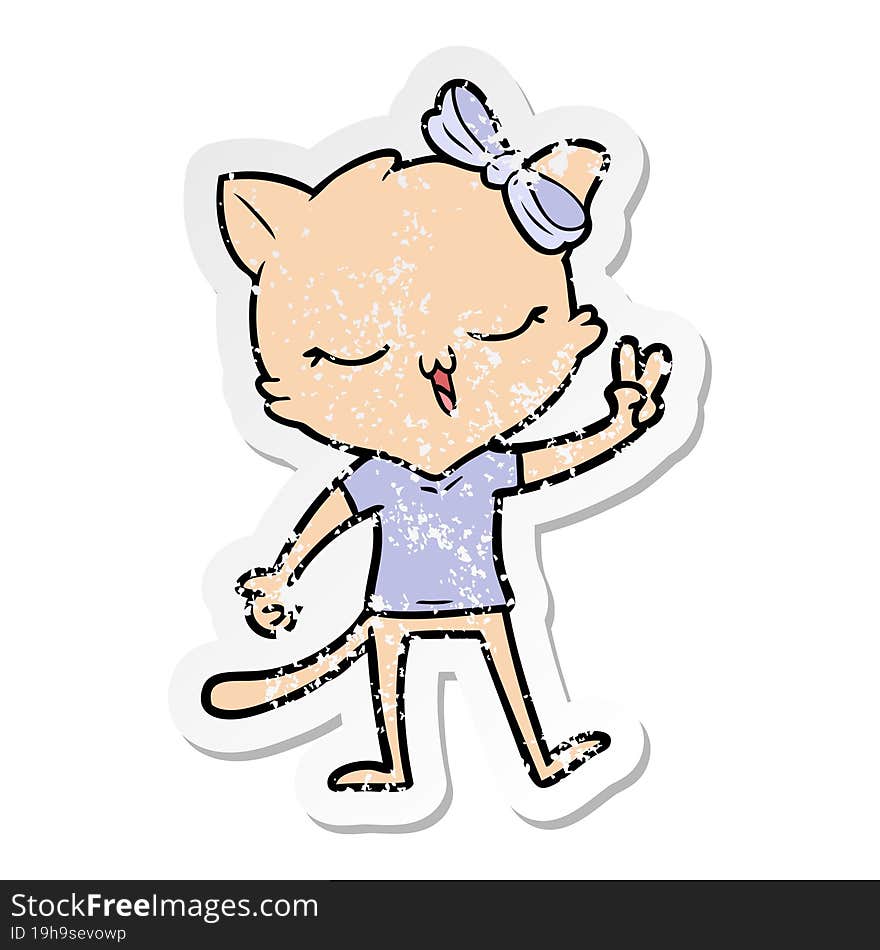 Distressed Sticker Of A Cartoon Cat With Bow On Head Giving Peace Sign