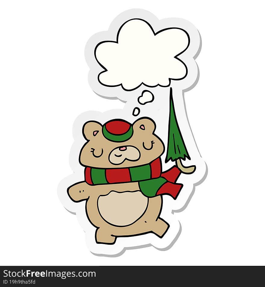 cartoon bear with umbrella with thought bubble as a printed sticker