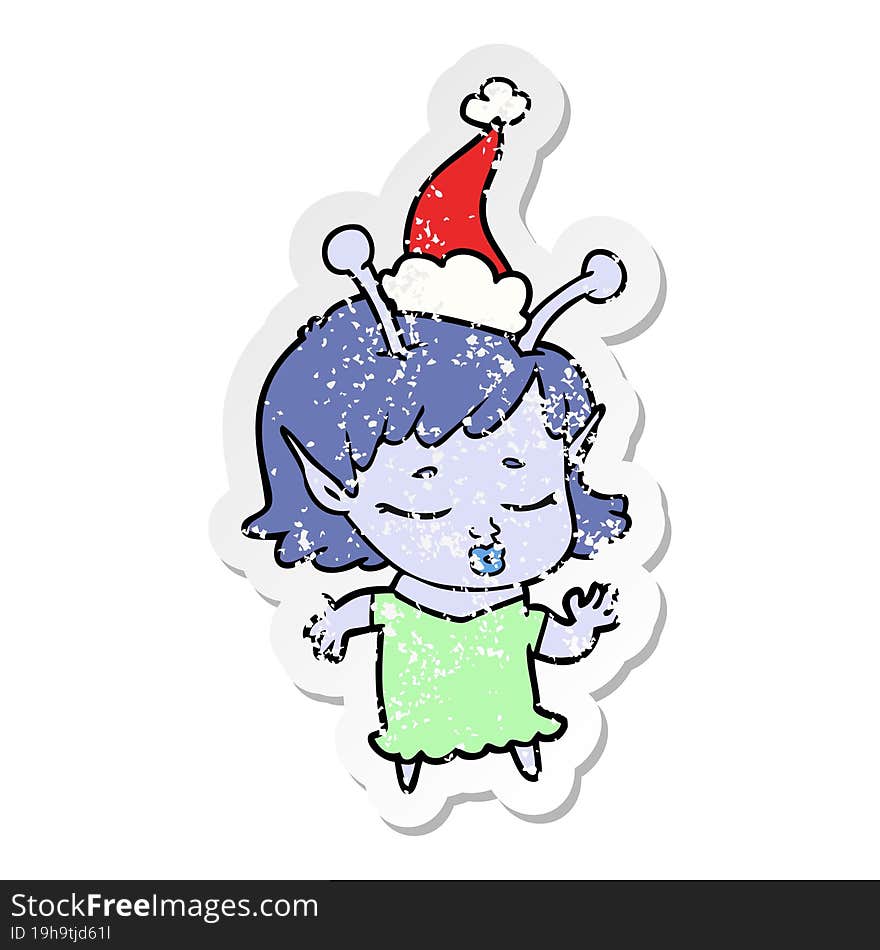 Cute Alien Girl Distressed Sticker Cartoon Of A Wearing Santa Hat