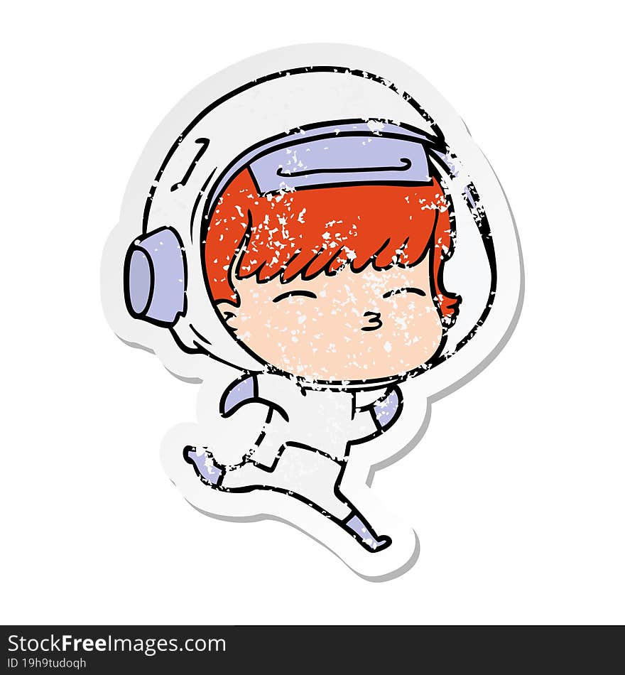 Distressed Sticker Of A Cartoon Running Astronaut