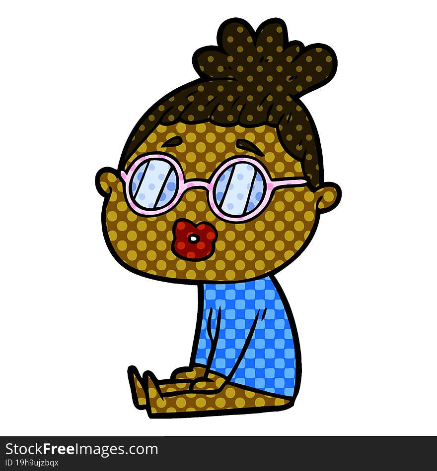 cartoon sitting woman wearing spectacles. cartoon sitting woman wearing spectacles