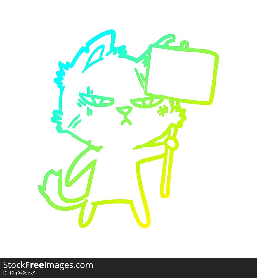 Cold Gradient Line Drawing Tough Cartoon Cat With Protest Sign