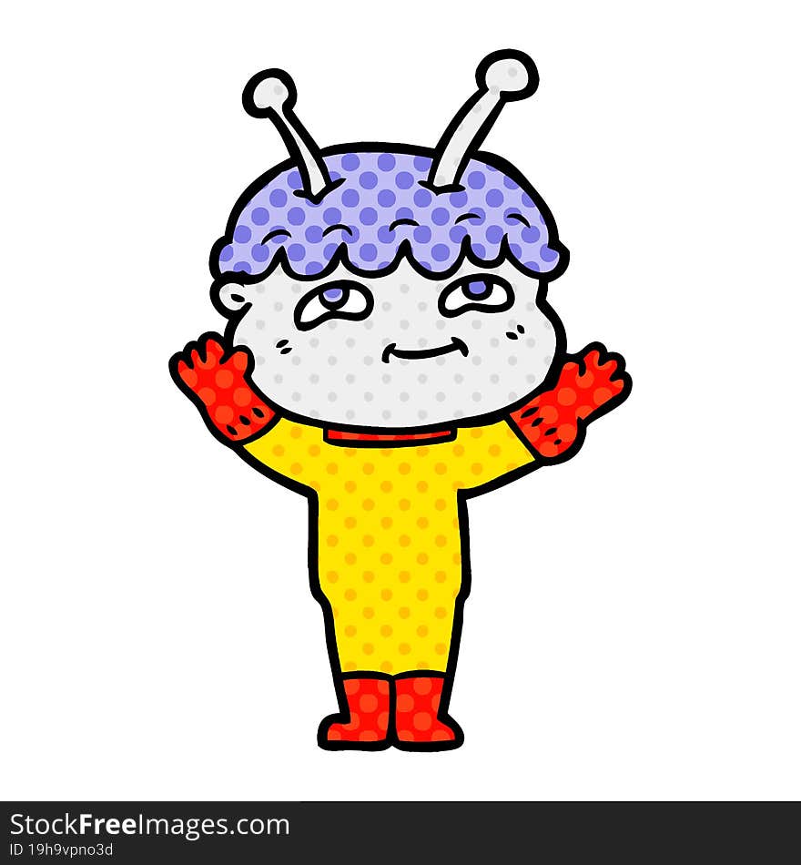 friendly cartoon spaceman waving. friendly cartoon spaceman waving