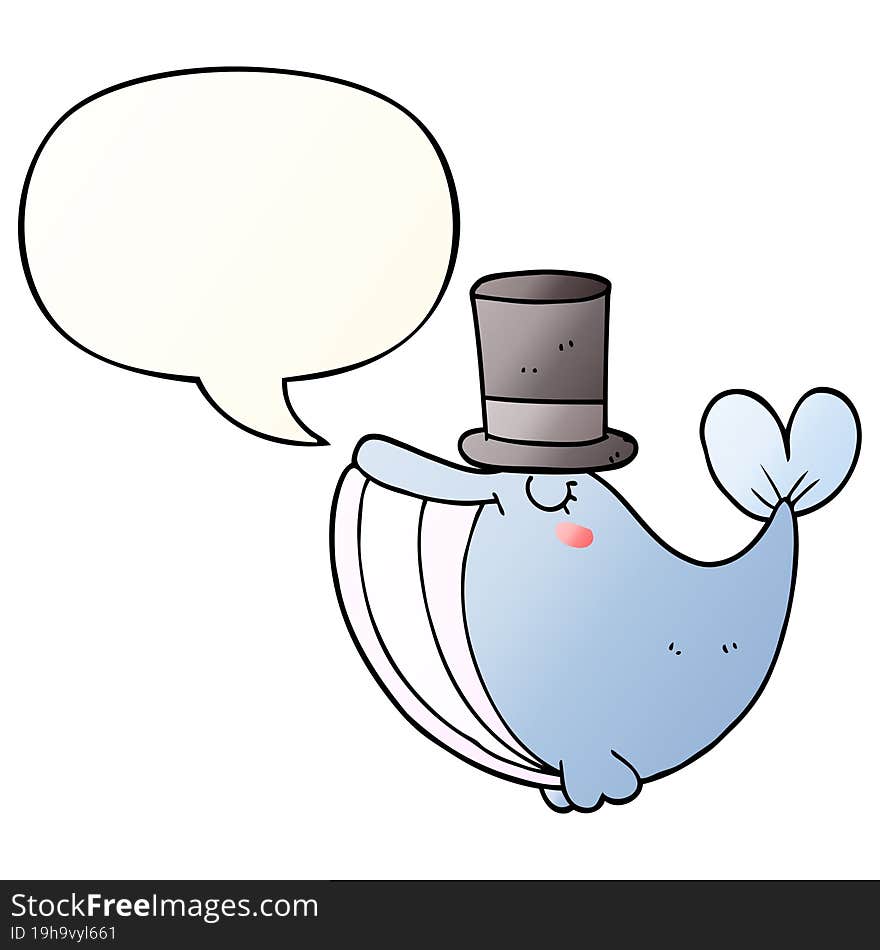 cartoon whale and top hat and speech bubble in smooth gradient style