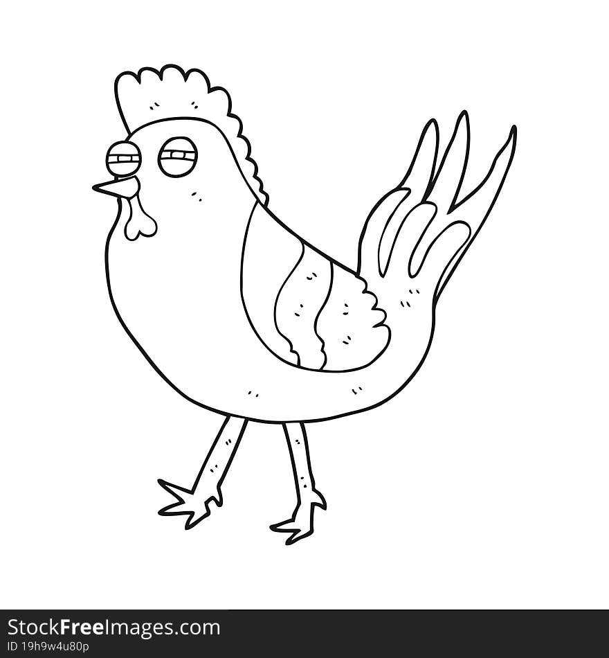 freehand drawn black and white cartoon chicken