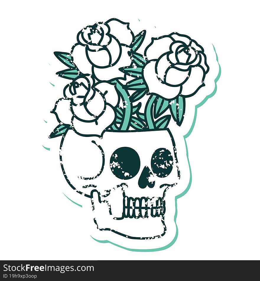 distressed sticker tattoo style icon of a skull and roses