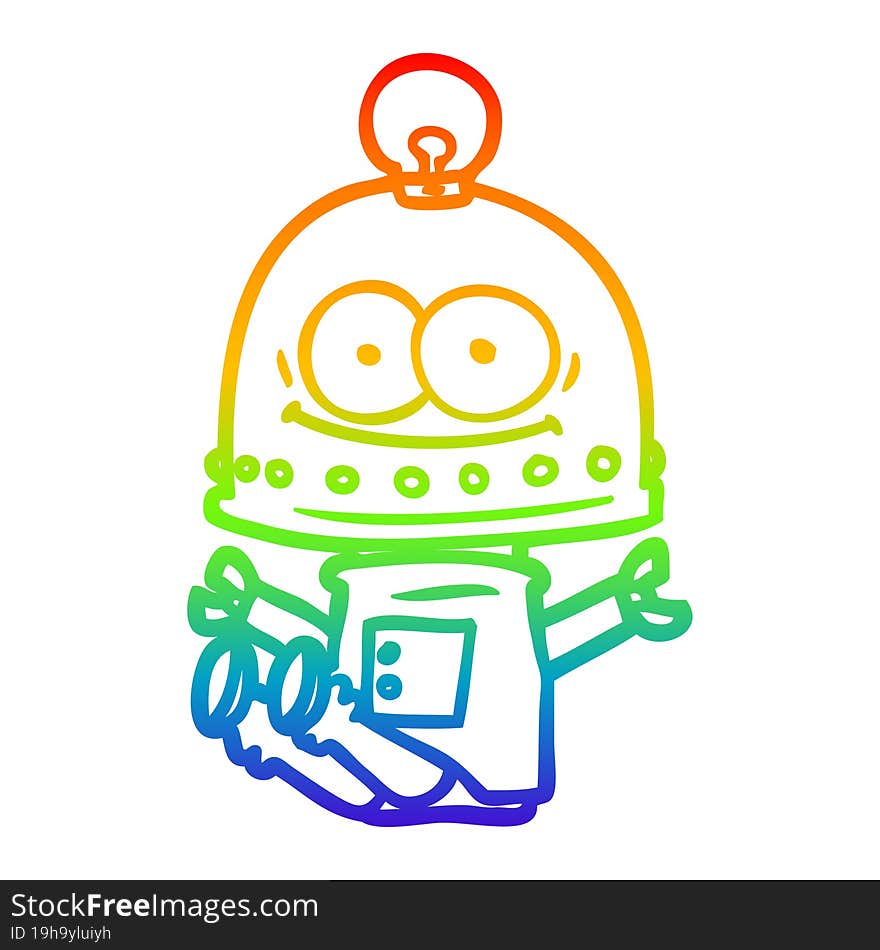 rainbow gradient line drawing of a happy carton robot with light bulb