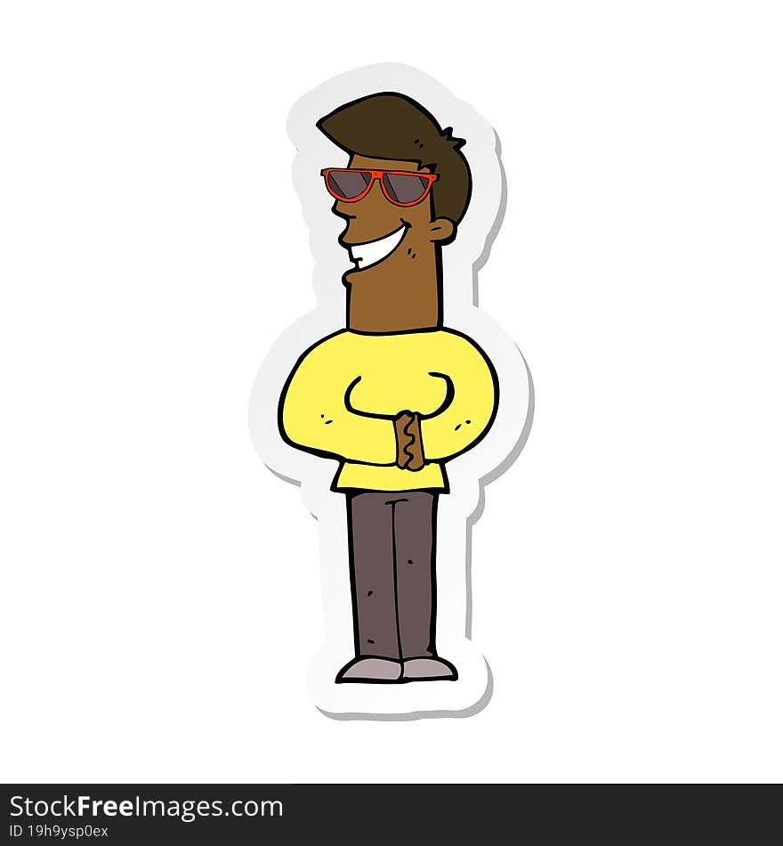 sticker of a cartoon grinning man wearing sunglasses