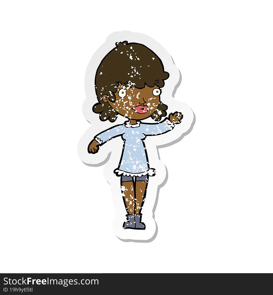 retro distressed sticker of a cartoon woman waving