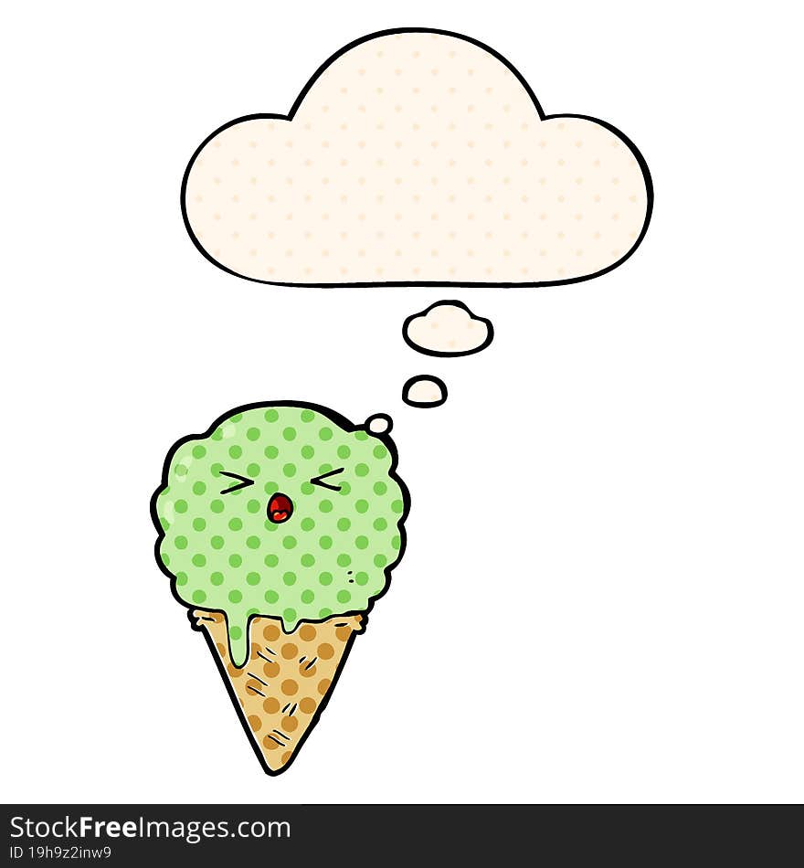 cartoon ice cream and thought bubble in comic book style