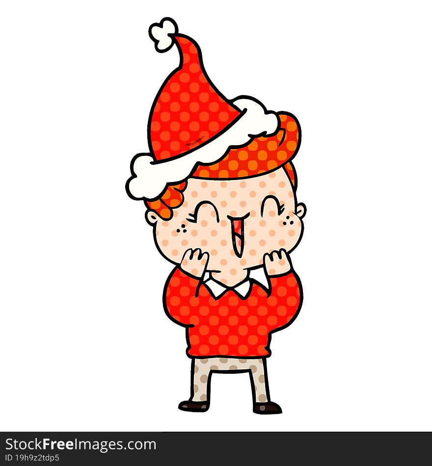 comic book style illustration of a laughing boy wearing santa hat